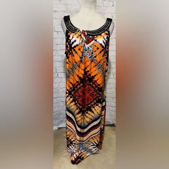 NY Collection Woman Dress Multicolor Beaded Jewele Neckline Tie Dye Print 3X - Picture 1 of 7